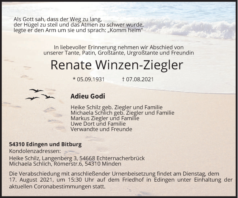  Traueranzeige für Renate Winzen-Ziegler vom 14.08.2021 aus trierischer_volksfreund