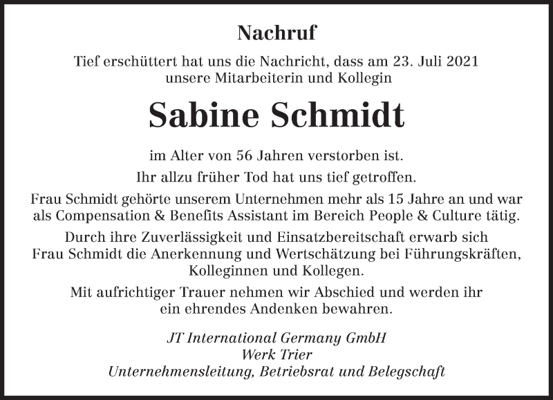  Traueranzeige für Sabine Schmidt vom 07.08.2021 aus trierischer_volksfreund