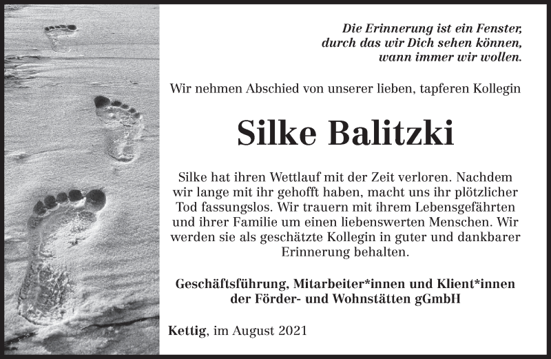  Traueranzeige für Silke Balitzki vom 21.08.2021 aus trierischer_volksfreund