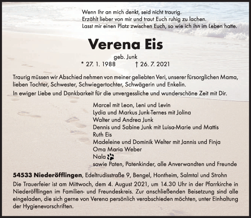  Traueranzeige für Verena Eis vom 31.07.2021 aus trierischer_volksfreund