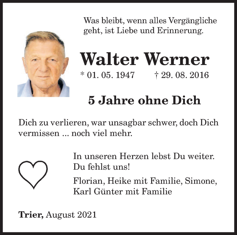  Traueranzeige für Walter Werner vom 28.08.2021 aus trierischer_volksfreund