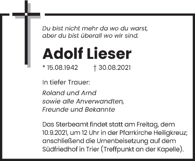  Traueranzeige für Adolf Lieser vom 08.09.2021 aus trierischer_volksfreund