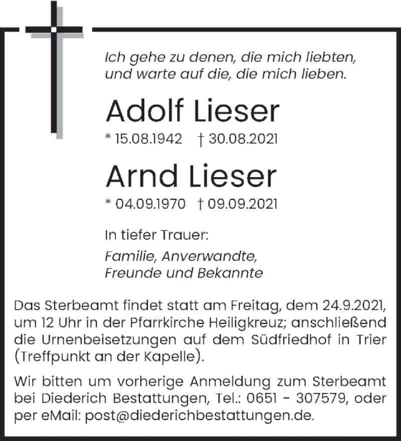 Traueranzeige für Adolf und Arnd Lieser  vom 18.09.2021 aus trierischer_volksfreund