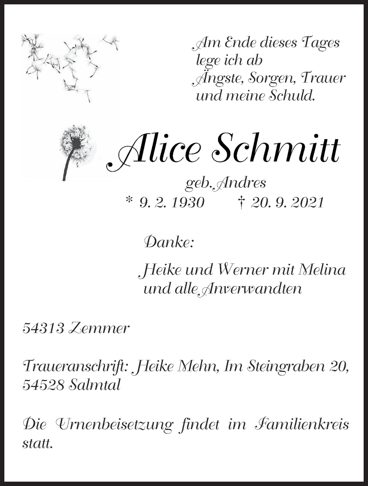  Traueranzeige für Alice Schmitt vom 25.09.2021 aus trierischer_volksfreund