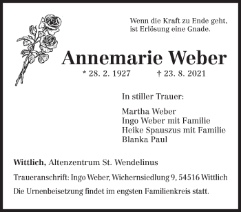 Traueranzeige von Annemarie Weber von trierischer_volksfreund