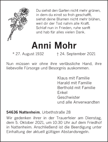 Traueranzeige von Anni Mohr von trierischer_volksfreund