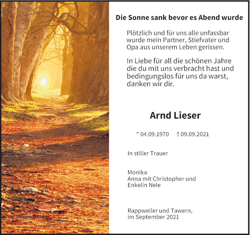 Traueranzeige für Arnd Lieser vom 18.09.2021 aus trierischer_volksfreund