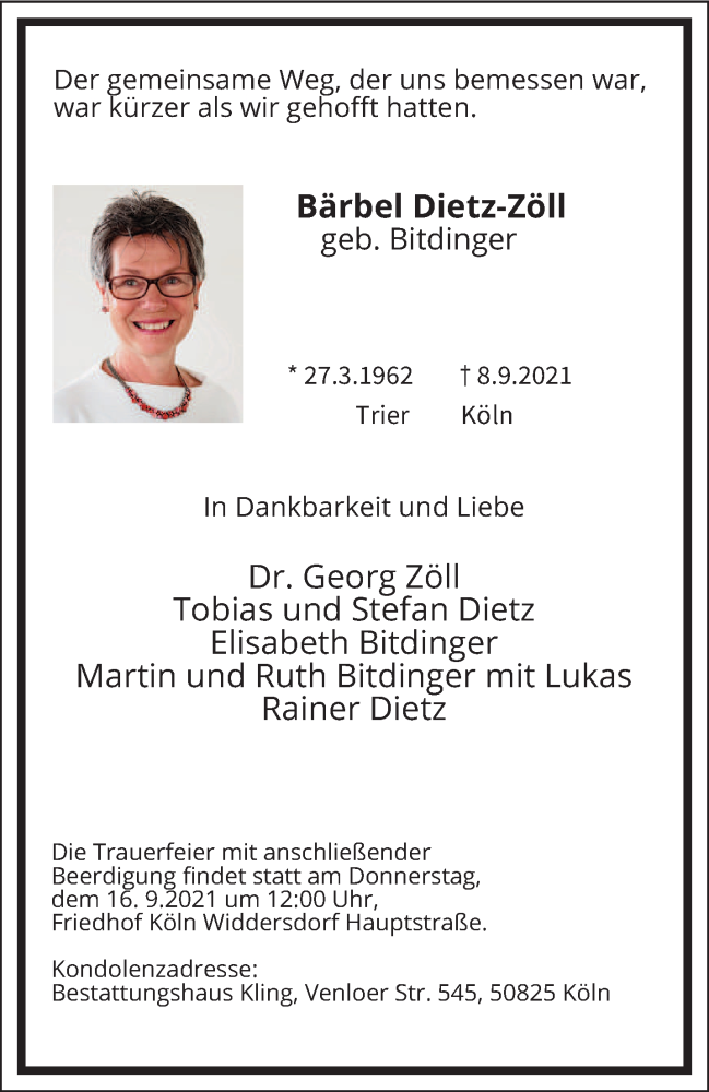  Traueranzeige für Bärbel Dietz-Zöll vom 14.09.2021 aus trierischer_volksfreund