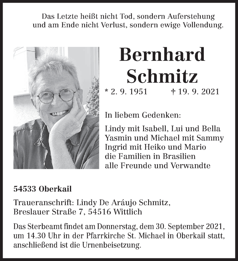  Traueranzeige für Bernhard Schmitz vom 25.09.2021 aus trierischer_volksfreund
