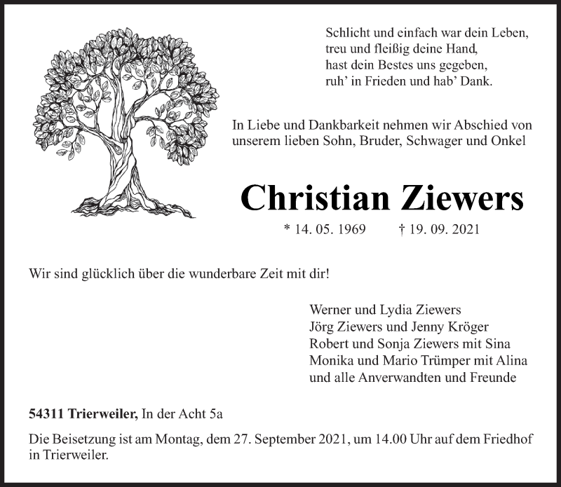  Traueranzeige für Christian Ziewers vom 24.09.2021 aus trierischer_volksfreund
