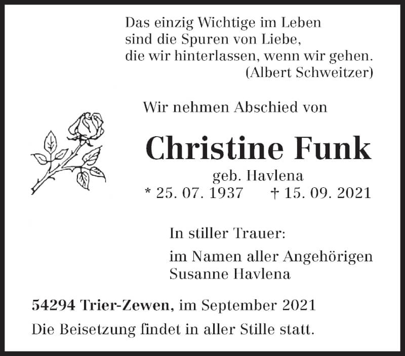  Traueranzeige für Christine Funk vom 18.09.2021 aus trierischer_volksfreund