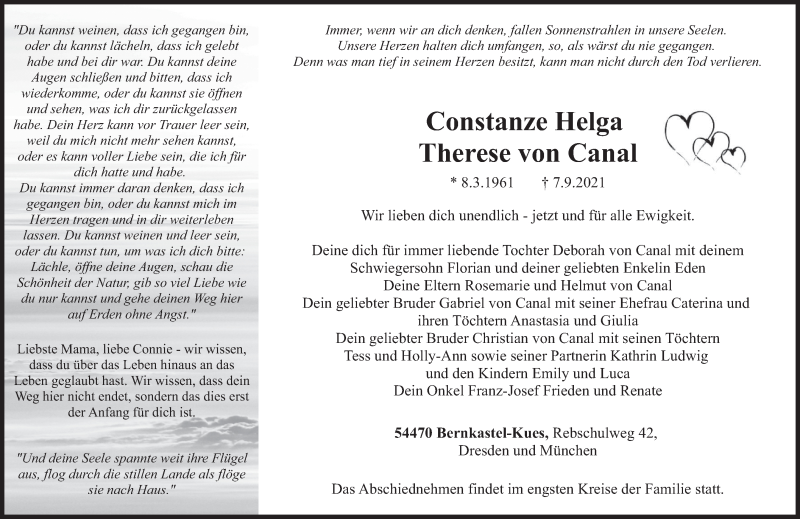  Traueranzeige für Constanze Helga Therese von Canal vom 11.09.2021 aus trierischer_volksfreund