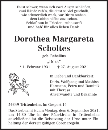 Traueranzeige von Dorothea Margareta Scholtes von trierischer_volksfreund