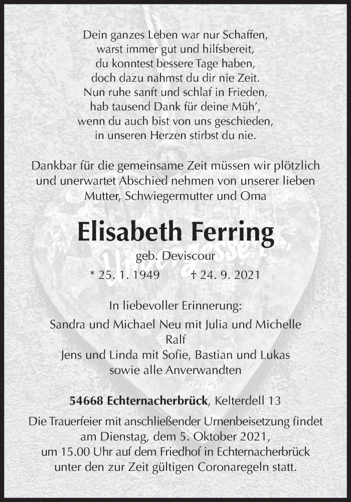  Traueranzeige für Elisabeth Ferring vom 29.09.2021 aus trierischer_volksfreund