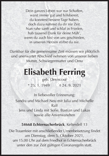 Traueranzeige von Elisabeth Ferring von trierischer_volksfreund