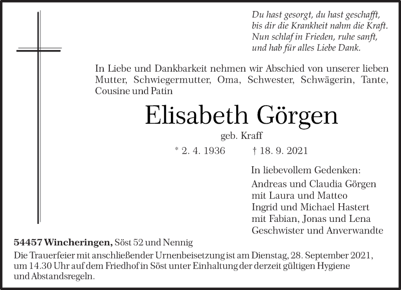  Traueranzeige für Elisabeth Görgen vom 24.09.2021 aus trierischer_volksfreund
