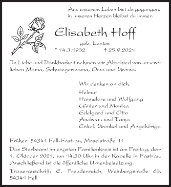 Traueranzeige von Elisabeth Hoff von trierischer_volksfreund