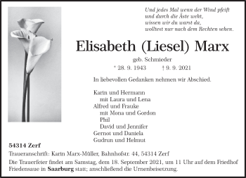 Traueranzeige von Elisabeth Marx von trierischer_volksfreund