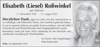 Traueranzeige von Elisabeth Roßwinkel von trierischer_volksfreund