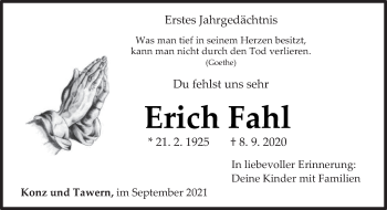 Traueranzeige von Erich Fahl von trierischer_volksfreund