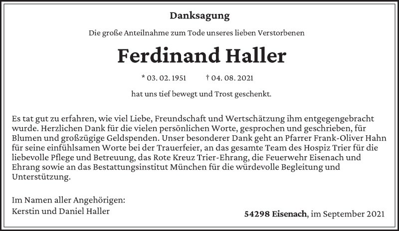  Traueranzeige für Ferdinand Haller vom 11.09.2021 aus trierischer_volksfreund