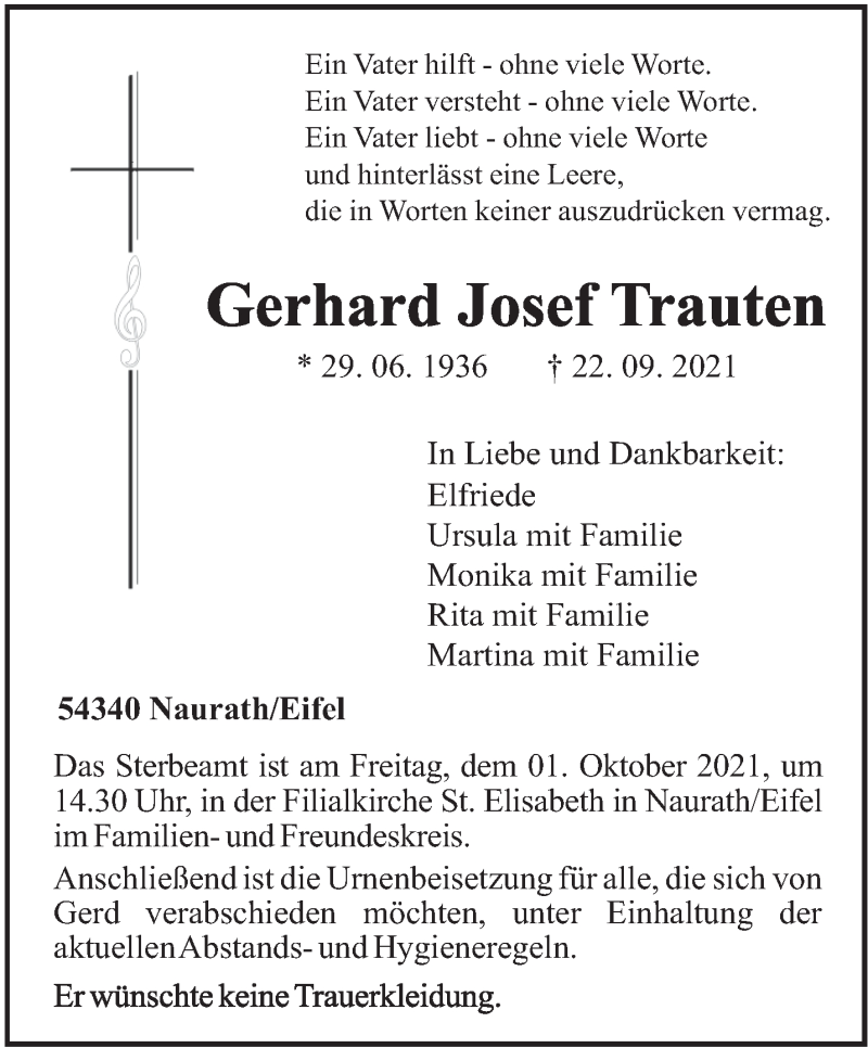  Traueranzeige für Gerhard Josef Trauten vom 27.09.2021 aus trierischer_volksfreund