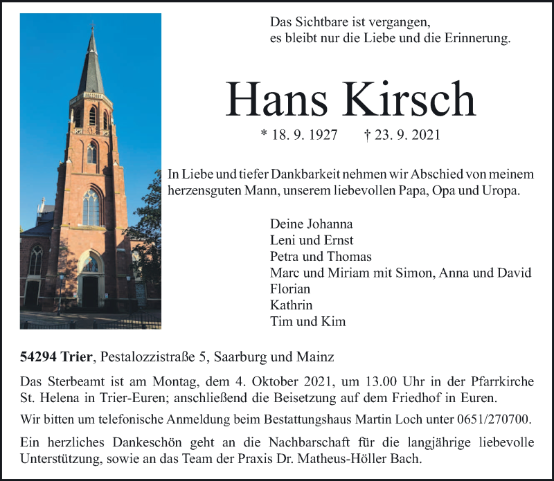  Traueranzeige für Hans Kirsch vom 29.09.2021 aus trierischer_volksfreund