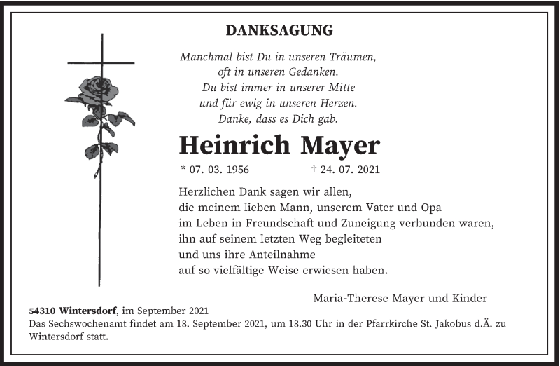  Traueranzeige für Heinrich Mayer vom 11.09.2021 aus trierischer_volksfreund