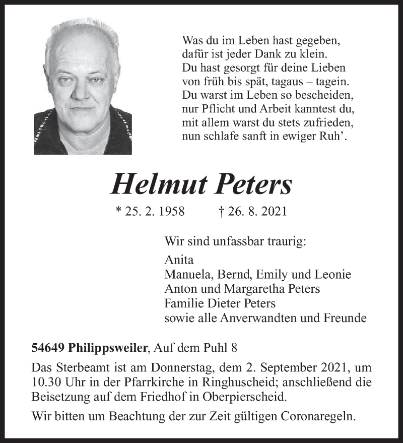  Traueranzeige für Helmut Peters vom 31.08.2021 aus trierischer_volksfreund