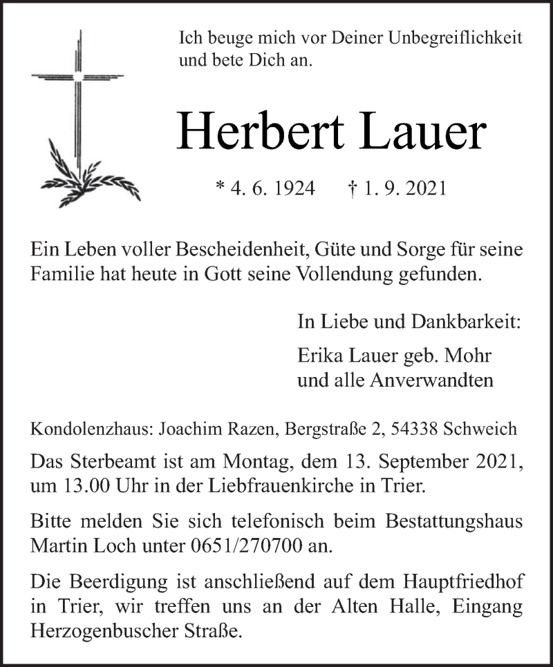  Traueranzeige für Herbert Lauer vom 08.09.2021 aus trierischer_volksfreund