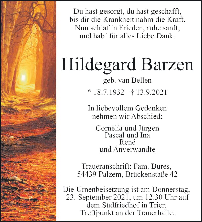  Traueranzeige für Hildegard Barzen vom 18.09.2021 aus trierischer_volksfreund