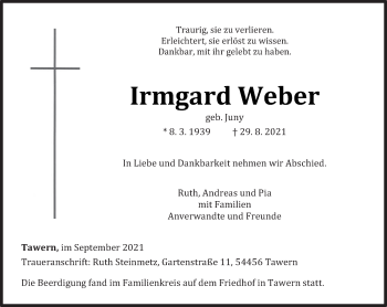 Traueranzeige von Irmgard Weber von trierischer_volksfreund