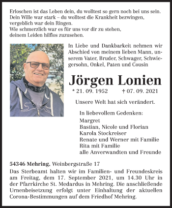 Traueranzeige von Jörgen Lonien von trierischer_volksfreund
