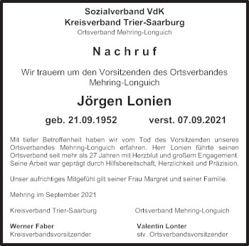 Traueranzeige von Jörgen Lonien von trierischer_volksfreund