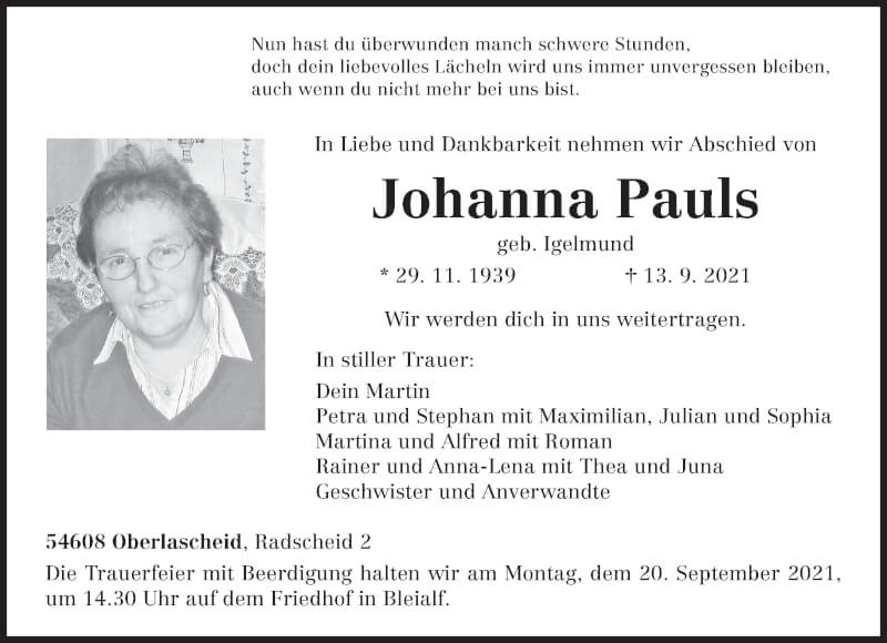  Traueranzeige für Johanna Pauls vom 16.09.2021 aus trierischer_volksfreund
