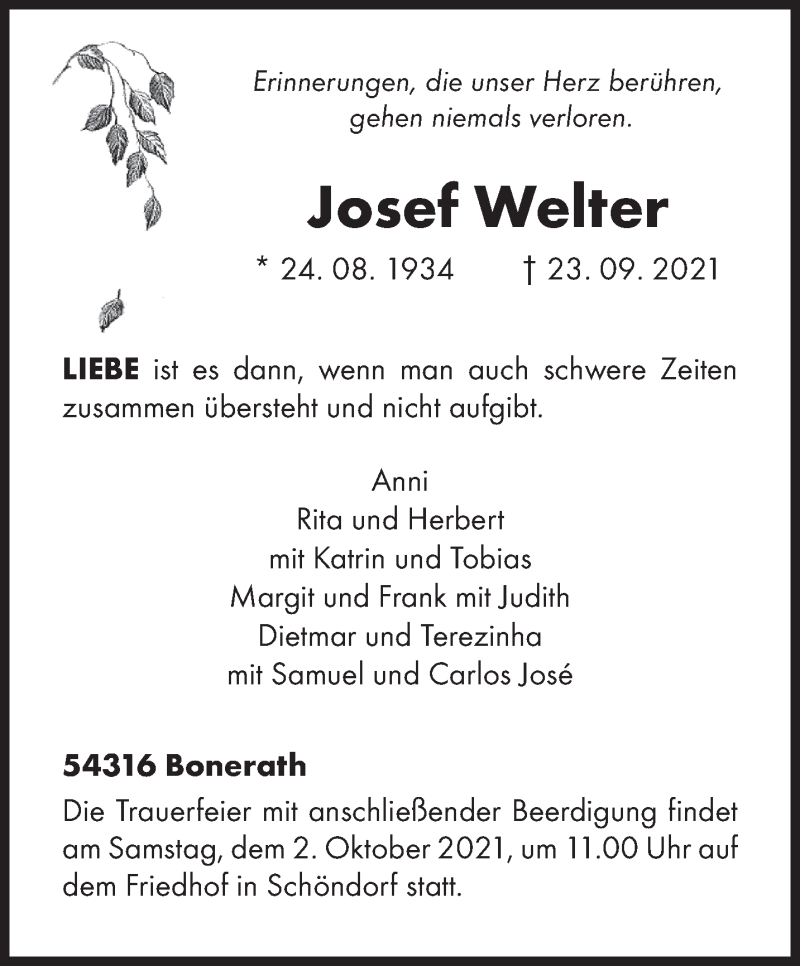  Traueranzeige für Josef Welter vom 29.09.2021 aus trierischer_volksfreund