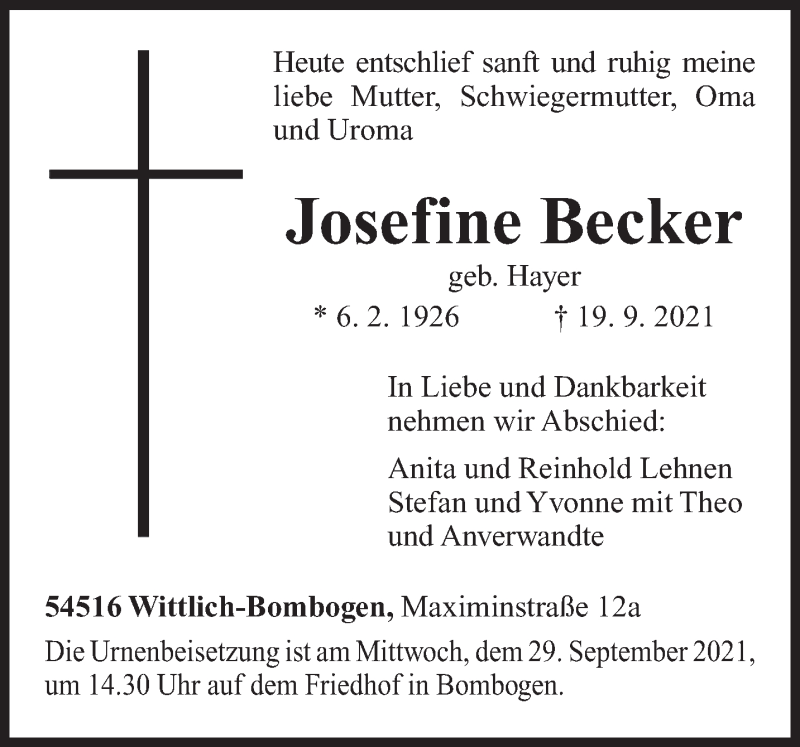  Traueranzeige für Josefine Becker vom 24.09.2021 aus trierischer_volksfreund