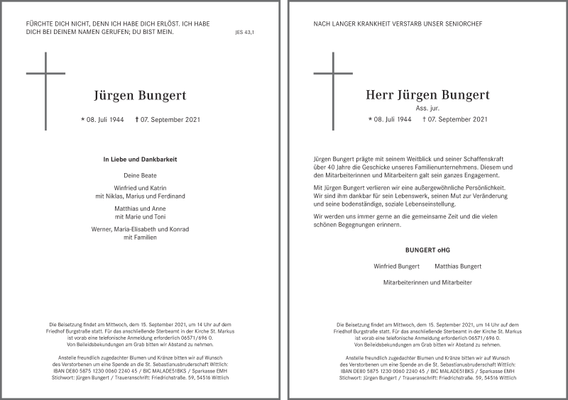  Traueranzeige für Jürgen Bungert vom 11.09.2021 aus trierischer_volksfreund