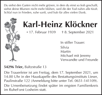 Traueranzeige von Karl-Heinz Klöckner von trierischer_volksfreund