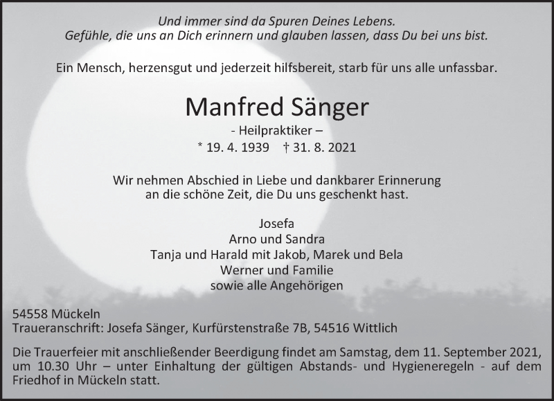  Traueranzeige für Manfred Sänger vom 08.09.2021 aus trierischer_volksfreund