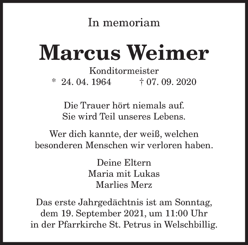  Traueranzeige für Marcus Weimer vom 07.09.2021 aus trierischer_volksfreund