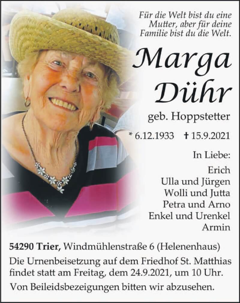  Traueranzeige für Marga Dühr vom 18.09.2021 aus trierischer_volksfreund