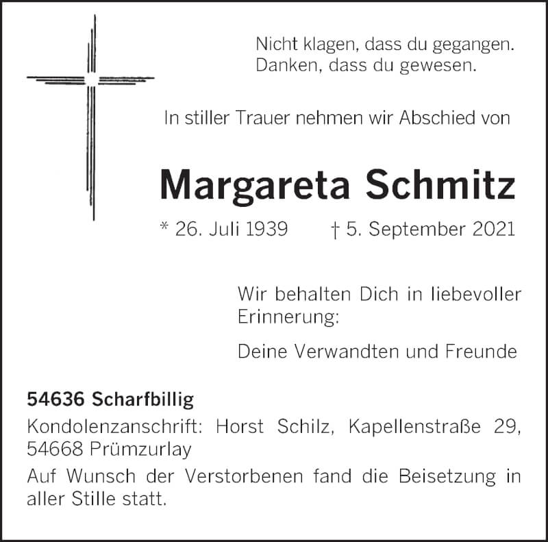  Traueranzeige für Margareta Schmitz vom 18.09.2021 aus trierischer_volksfreund