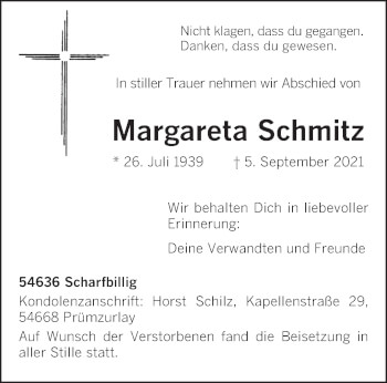 Traueranzeige von Margareta Schmitz von trierischer_volksfreund