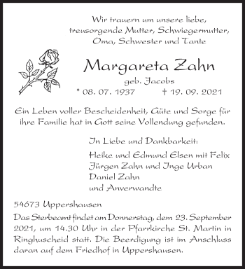 Traueranzeige von Margareta Zahn von trierischer_volksfreund