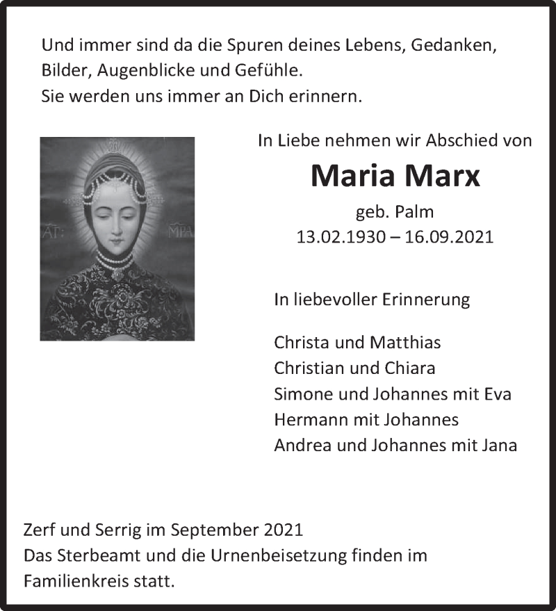 Traueranzeigen von Maria Marx | Volksfreund.Trauer.de