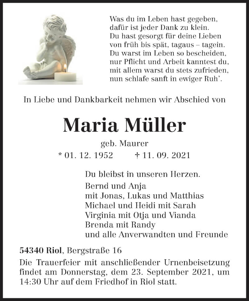  Traueranzeige für Maria Müller vom 17.09.2021 aus trierischer_volksfreund