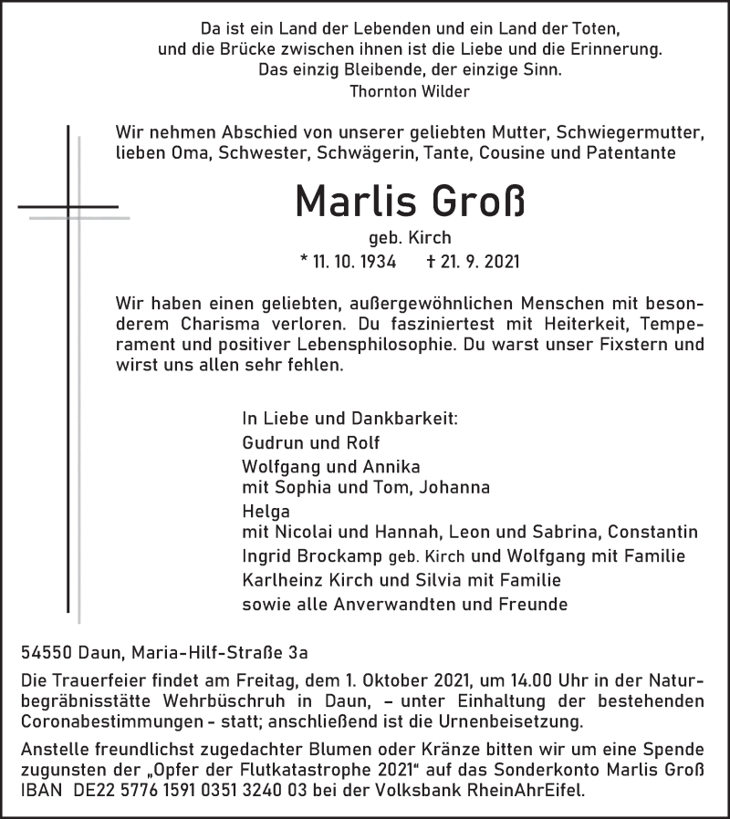  Traueranzeige für Marlis Groß vom 25.09.2021 aus trierischer_volksfreund