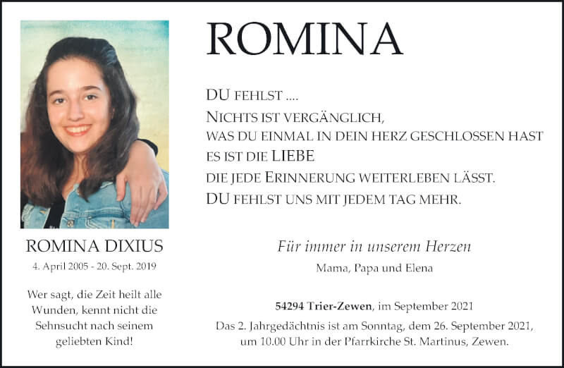  Traueranzeige für Romina Dixius vom 18.09.2021 aus trierischer_volksfreund