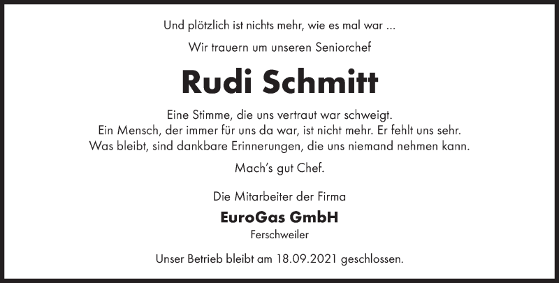  Traueranzeige für Rudi Schmitt vom 15.09.2021 aus trierischer_volksfreund